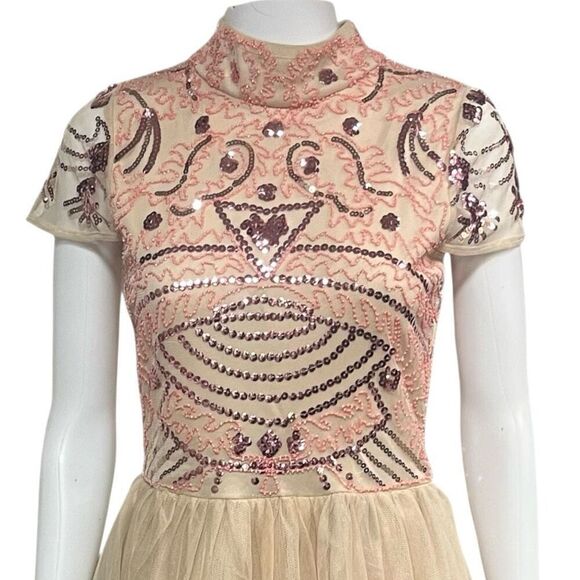 Boohoo B Embellished Skater Fair Core Cap Sleeve High Neck Tutu Botton Nude Dres - Picture 2 of 6